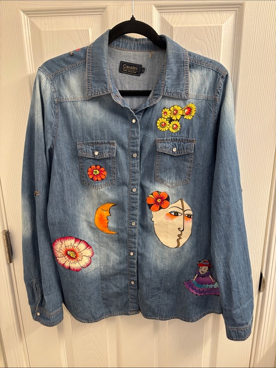 Cavalini Tops - Women's Cavalini Denim Shirt with Multicolor Motifs- Sassy! Size Large